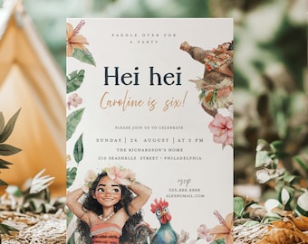 Hei Hei Moana Birthday Invitation Template | Tropical  Birthday Party Invite Any Age | Summer Invite |  Instant Download| Editable