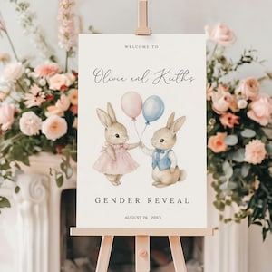 Easter Gender Reveal Sign | Adorable Bunnies Gender Reveal Party Sign | Bunny Balloons boy or girl Welcome Sign | Hippity hop Editable