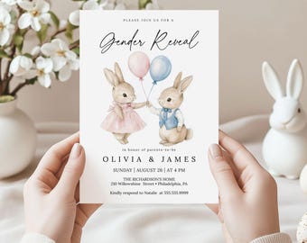 Easter Gender Reveal Invitation | Adorable Bunnies (Editable, Instant Download)
