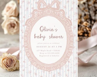 Vintage Pink Girl Baby Shower Invitation | Rose Floral Grandmillennial Baby Shower Editable Invite
