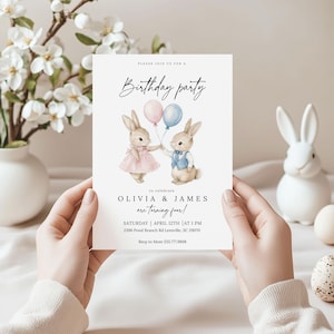 Bunnies Twins Birthday Invitation| Adorable Bunnies Kids Birthday Invite | Bunny Balloons boy and girl | Hippity hop Editable Invite