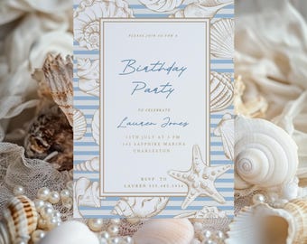 Vintage Seashell Birthday Invitation: Editable Beach Party Invite (5x7" PDF