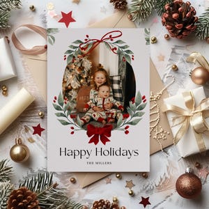 Bow Photo Happy Holidays  Card Template | Bow Holiday Card  | Merry Christmas Card |Whimsical Holiday Card Editable | Instant Download