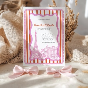 Paris Watercolor Hand drawn Birthday Invitation Template | Adorable Paris  First Birthday Invite | Pink Paris French birthday | Editable