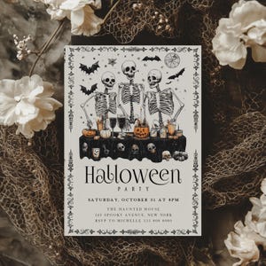 Halloween Party  editable invitation | Skeletons dinner party |  Hauntingly beautiful Halloween Party Invite |Editable | Instant Download