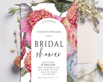 Floral Watercolor Bridal Shower Printable Invitation| HOT Pink Flowers| Modern bridal Shower Invitation| Editable| Instant download|