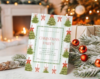 May include: A Christmas party invitation with a green and white striped background. The invitation features watercolor illustrations of Christmas trees and red bows. The text reads "CHRISTMAS PARTY" in red, with event details below.