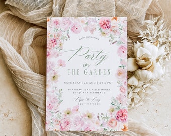 Invito per festa in giardino con acquerello / Floreale, modificabile (download immediato)