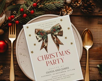 May include: A Christmas party invitation with a festive brown and white bow with green holly and red berries. The invitation is on a cream background with gold stars and the text "YOU'RE INVITED TO OUR COUNTRY WESTERN CHRISTMAS PARTY HOSTED BY OLIVIA AND JAMES SATURDAY, 22 DECEMBER, AT 8 PM MAGGIE'S RANCH 210 HUNTERS GLEN ROAD - DALLAS, TEXAS RSVP TO JAMES 555.000.0000"