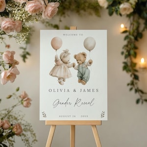 Boho Gender Neutral Bears Welcome Sign | Adorable Teddy Bears Gender Reveal Party Sign | Vintage Bears Balloons boy or girl | Editable