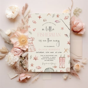 Fishing Girl Baby shower invitation | Little fisherman Pink  Invitation Template |Fish theme girl  baby Shower Invitation| Instant download