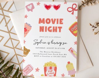 Watercolor Movie Night Birthday Invitation: Pink Girl Party (Instant Download