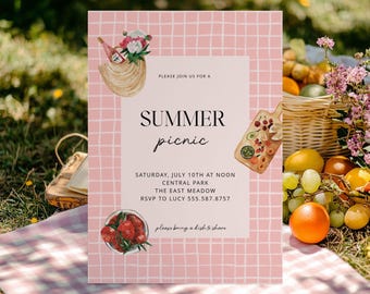 May include: A pink picnic invitation with a grid pattern. The invitation includes the words "SUMMER picnic" and details for a picnic on July 10th. Illustrations of a picnic basket, strawberries, and a charcuterie board are included.