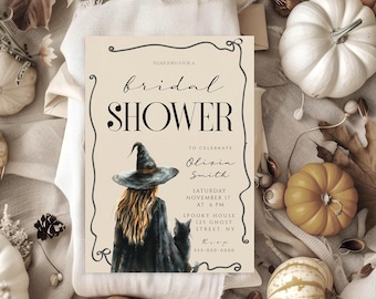 Halloween Bridal Shower Invitation | Watercolor Witch & Cat (Digital Download)
