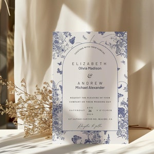 Plantilla de invitación de boda Toile de Jouy azul / Invitación de boda Chinoiserie / Patrón francés / Imprimible / Descarga instantánea
