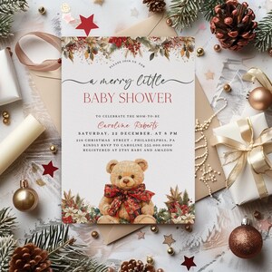 A Merry Little Baby shower Invitation | Christmas teddy baby shower invite | Enchanting Bow Christmas  Bear | Editable | Instant Download