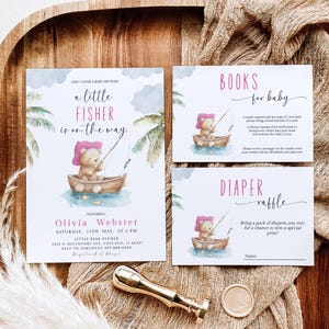Angeln Babypartyeinladung SET | Rosa Kleiner Fischer Einladungsvorlage Bundle| Fisch Thema Baby Shower Einladung | Sofortiger Download