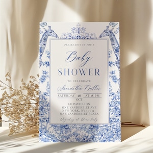 Blue Toile de Jouy Baby Shower Invitation template | Chinoiserie baby shower invitation | French pattern|Giraffe Editable | Instant Download