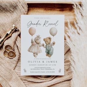 May include: A gender reveal invitation with a white background featuring two teddy bears holding balloons. The text reads "Please join us for a Gender Reveal" and "in honor of parents-to-be Olivia & James". The invitation also includes the date, time, and location of the event.