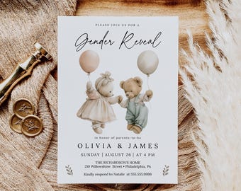 May include: A gender reveal invitation with a white background featuring two teddy bears holding balloons. The text reads "Please join us for a Gender Reveal" and "in honor of parents-to-be Olivia & James". The invitation also includes the date, time, and location of the event.