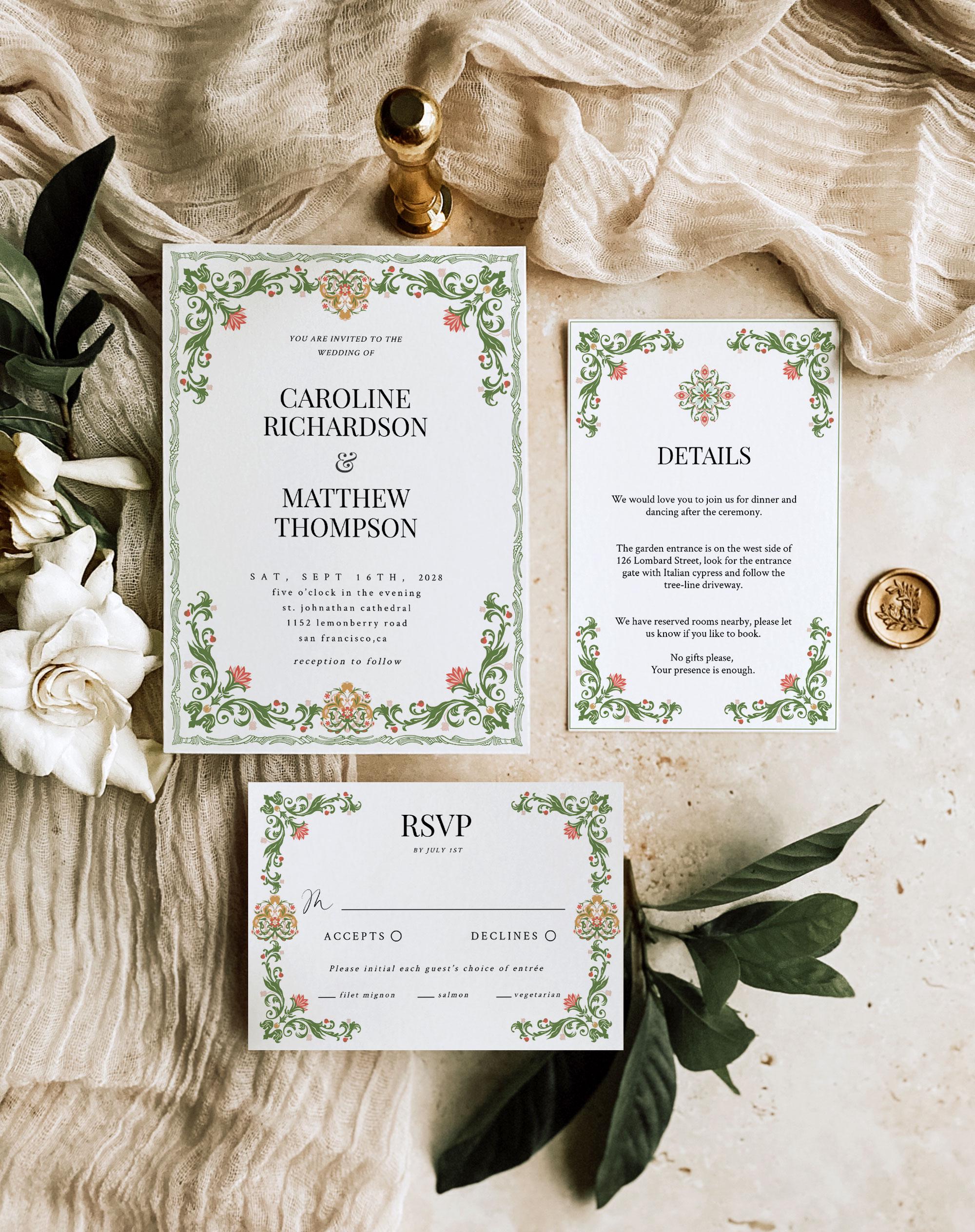 Art Nouveau Floral Wedding Invitation Set (digital Download) - Etsy, image size:2000x2528