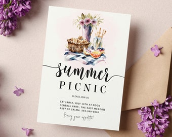 May include: A watercolour illustration of a picnic scene with a basket of bread, fruit, and flowers. The text on the invitation reads "Summer Picnic, Please join us, Saturday, July 10th at noon, Central Park, The East Meadow, RSVP to Salma 555-999-0000, Bring your appetite!"