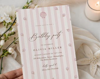 Pink Coastal Birthday Invitation: Seashell Theme, Ocean Girl (Editable Template)
