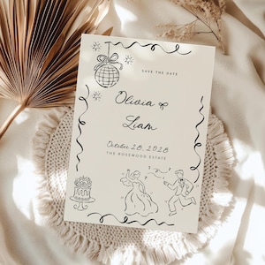 Wedding Couple Save the Date Hand Drawn Invitation Template  | Whimsical Vintage Romantic hand drawn  Editable Wedding Invite