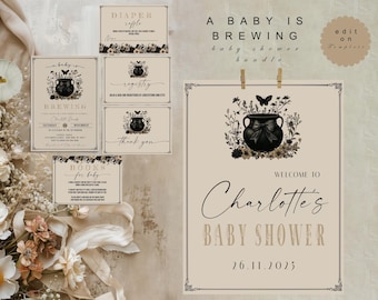 A baby is brewing  baby shower bundle  | Halloween baby shower bundle | Gothic baby shower  |  Editable | Spooky sweet | Instant Download