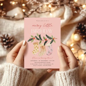 Frohe Weihnachten Einladungskarte zum Geburtstag | Rosa Weihnacht Mädchen Geburtstag | Zauberhafter Winter Geburtstag |Bearbeitbar | Sofort Download