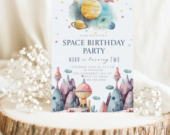 Modèle d'invitation de fête d'anniversaire pour enfants de l'espace DIY à télécharger | Espace Célébrons-nous | Modifiable | Téléchargement instantané