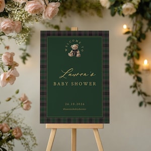 Polo Bear Baby Shower Welcome Sign: Vintage Plaid, Editable 18x24” (Digital Download)
