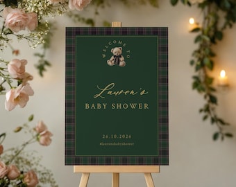 Polo Bear Baby Shower Welcome Sign: Vintage Plaid, Editable 18x24” (Digital Download)