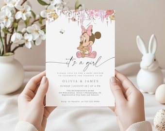 Baby Shower Invitation: Floral Girl Mouse, It's a Girl, Editable