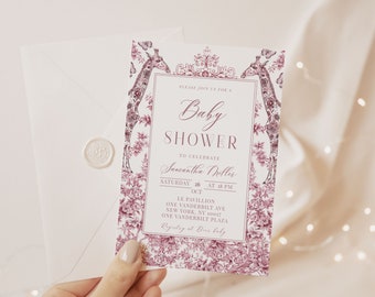 Pink Toile de Jouy Baby Shower Invitation | Giraffe Chinoiserie (Digital Download)