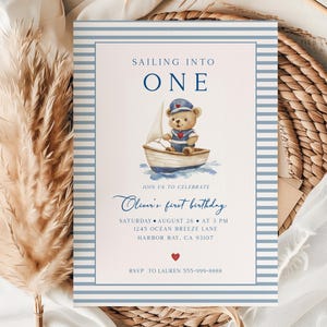 Sailor Teddy Bear 1st Birthday Invitation: Nautical Coastal Theme (Editable Digital File)