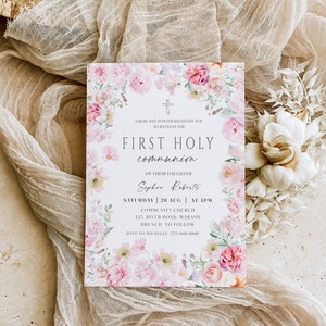 First Holy Communion Invite |  Floral  Holy Communion Invitation | Soft Pink invitation | Beautifully Blessed | Editable |  Instant Download