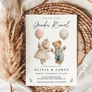 Boho Gender Neutral Bears Invitation| Adorable Teddy Bears Gender Reveal Party Invite | Vintage Bears Balloons boy or girl | Editable Invite