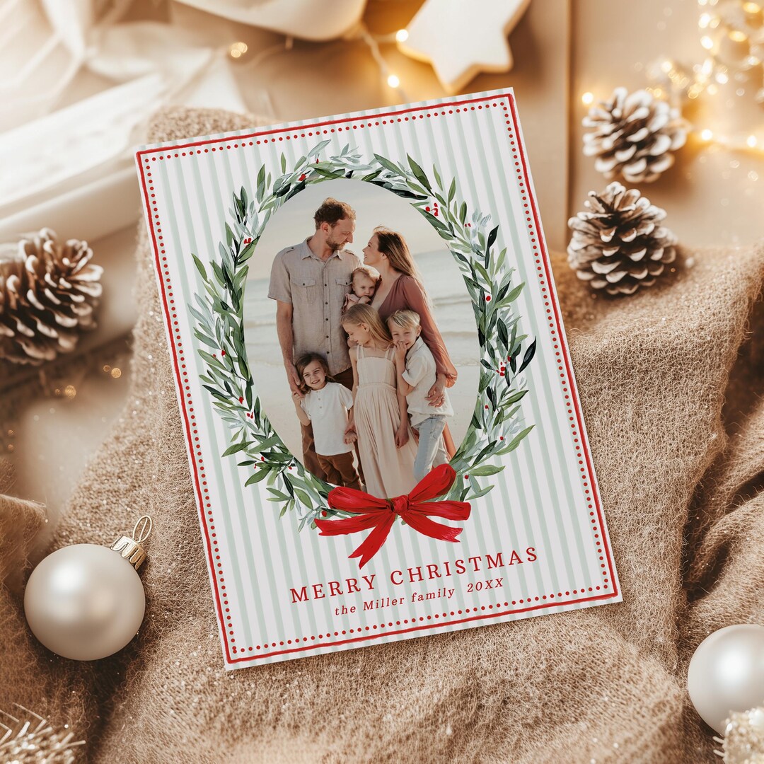 Christmas Card Template | Red Green Watercolor Bow Holiday Card ...