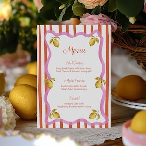 Wavy Pink Lemons  Menu Editable Template  | Watercolor hand drawn Menu | Orange Pink  Menu  | Wedding  Menu | Boho Summer MENU |Editable