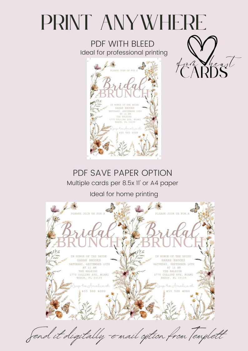 Pu&ograve; includere: Un invito stampabile per un brunch nuziale con un design floreale. L'invito presenta un'illustrazione ad acquerello di fiori, farfalle e foglie in tonalit&agrave; di marrone, rosa e verde. Il testo "Bridal Brunch" &egrave; scritto in un carattere corsivo rosa. L'invito include il nome della sposa, la data e l'ora dell'evento e la posizione. Il testo "RSVP to Anciant at 455 500 4000" &egrave; incluso nella parte inferiore dell'invito.