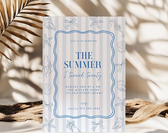 May include: A summer-themed invitation with a blue and white striped background. The invitation features the text "THE SUMMER I turned twenty" in a decorative font, along with event details. The design includes illustrations of seashells, starfish, and bows.