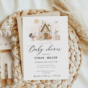 Plantilla de invitación digital de baby shower de granja / Invitación de baby shower de animales de granja lindos / Baby shower de granja / Género revela bebé neutral