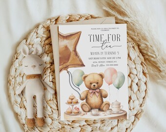 Time for Tea Baby  Party Invitation Template  DIY Download | Let's celebrate | Neutral Charming Tea Baby  Party Card  | Instant download