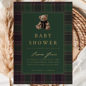 Elegant Polo baby shower Invitation |  Teddy Bear baby shower Invite | Vintage Bow Bear Editable  | Plaid  Invitation