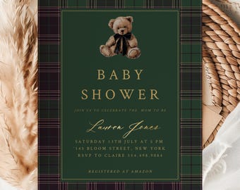 Plaid Teddy Bear Baby Shower Invitation Vintage Style (editable