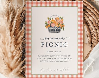 Summer Picnic Invitation: Coquette Gingham, Editable Template 5x7"