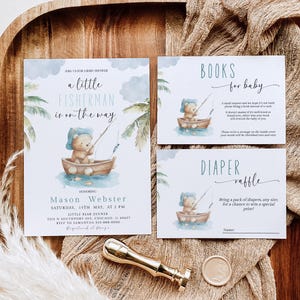 Angeln Babypartyeinladung SET | Blauer Kleiner Fischer Einladungsvorlage Bundle | Fisch Thema Baby Shower Einladung | Sofortiger Download