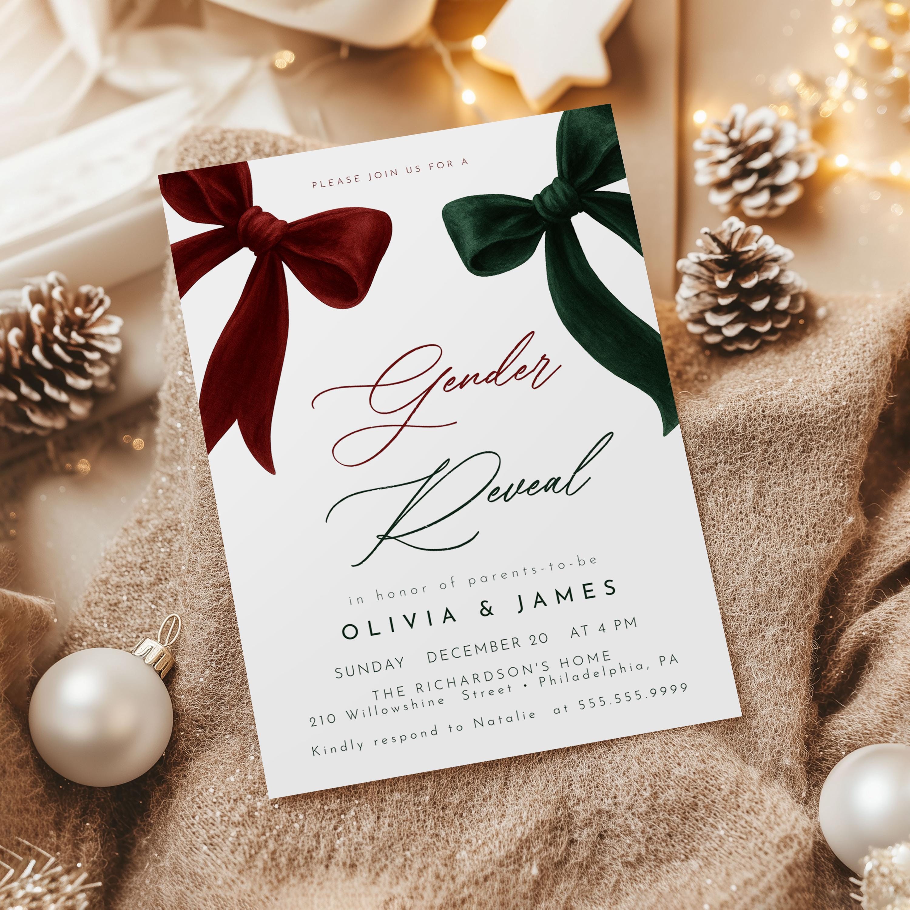 Christmas Gender Reveal Invitation: Red and Green Bows She or He ...