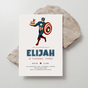 Modern Captain America Birthday Party Invitation | Marvel Hero Captain America with cake Vintage Invite | Editable | Instant Download